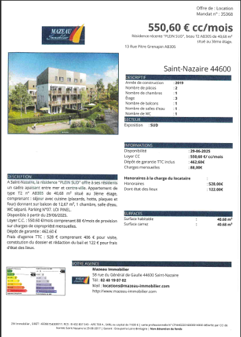 T2 40m² St-Nazaire 550,60€CC